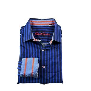Robert Graham Blue Striped Cotton Men's Contrast Flip Cuff Size Medium M